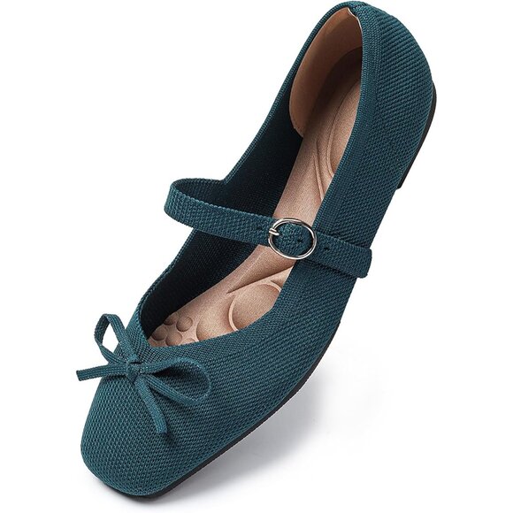 Women Dark Green Fabric Upper And Rubber Sole Ballet Flats With Ankle Strap - Picture 4 of 6